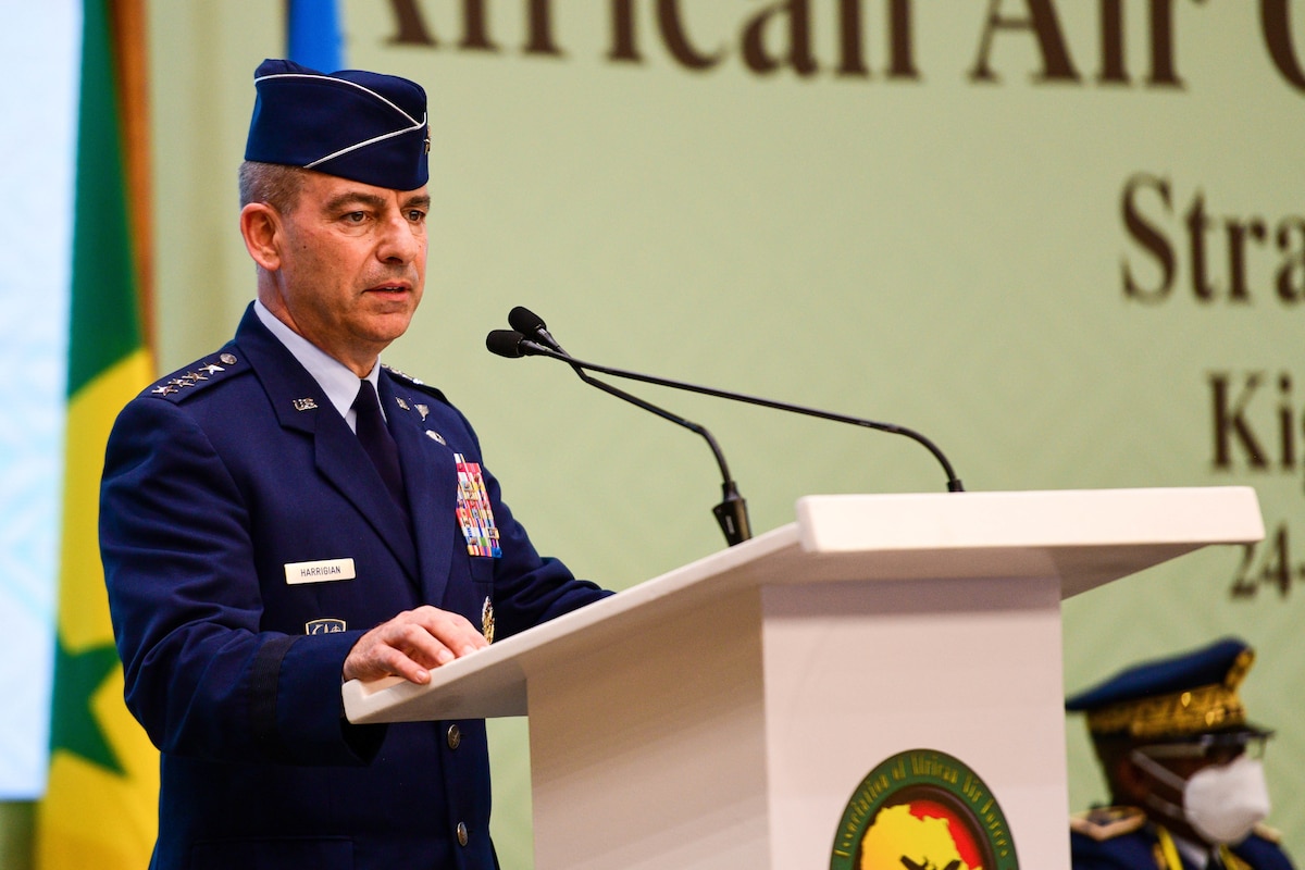 U.S. Air Force Gen. Jeffrey Harrigian, U.S. Air Forces in Europe and Air Forces Africa commander, gives closing remarks during the 2022 African Air Chiefs Symposium in Kigali, Rwanda, Jan. 28, 2022. During the symposium, key challenges confronting African Air Chiefs were identified, partner networks were strengthened, and discussions involving strategic airlift and shared best practices for enhancing partner capability were addressed. (U.S. Air Force photo by Senior Airman Brooke Moeder)