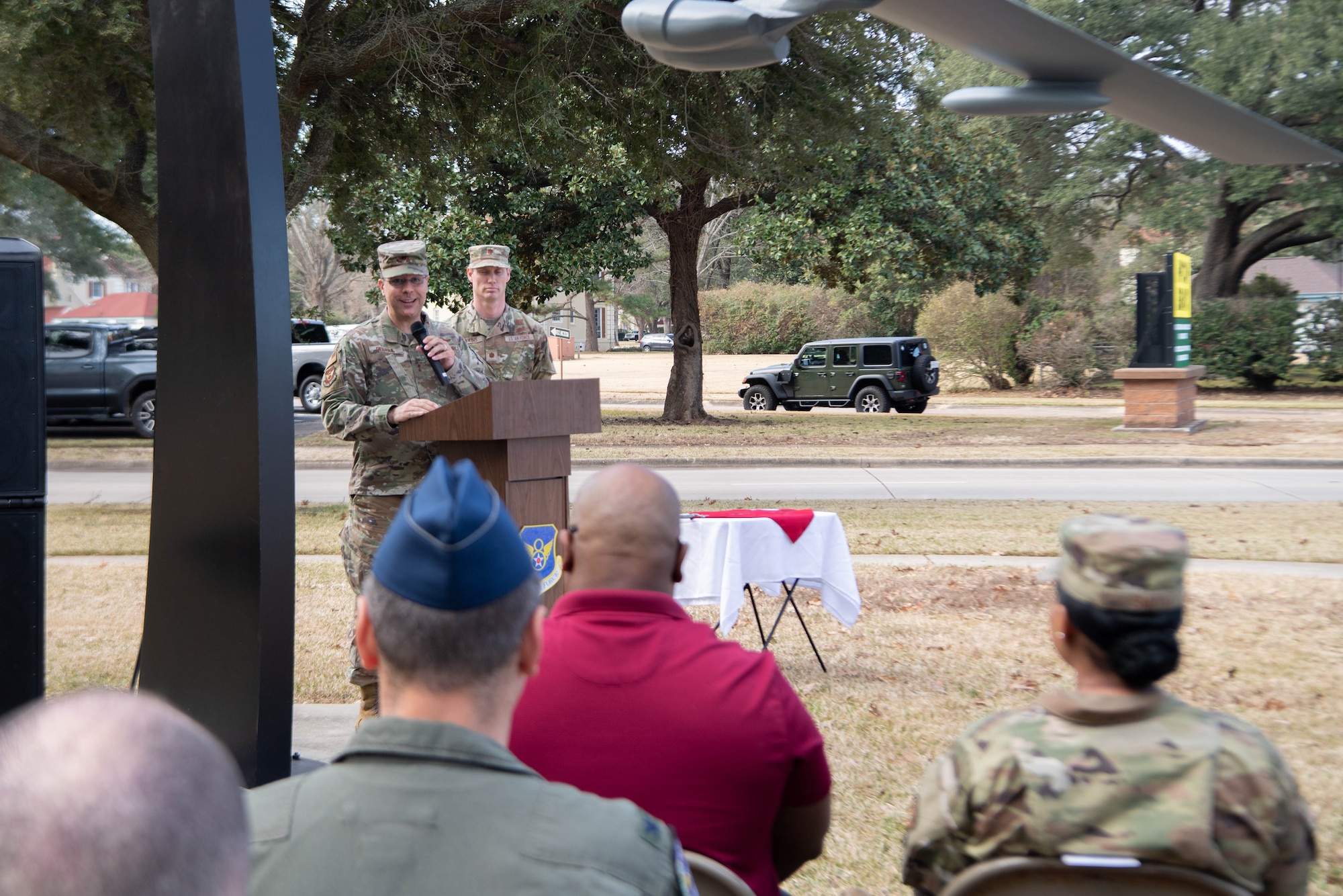 Maj. Gen. Andrew Gebara, 8th Air Force and Joint-Global Strike Operations Center commander, speaks to an audience during a ceremony to commemorate the 8th Air Force’s 80th anniversary at Barksdale Air Force Base, La., February 1, 2022. The modern day 8th Air Force traces its lineage back to VIII Bomber Command, established on February 1, 1942, at Langley Field, Virginia. (U.S. Air Force photo by Staff Sgt. Bria Hughes)