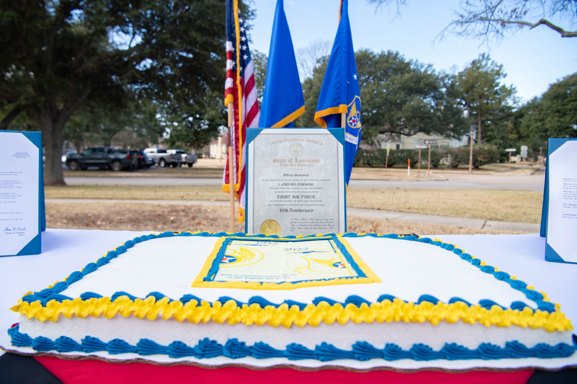 Members from around 8th Air Force and the Joint-Global Strike Operations center celebrate 8th Air Force’s 80th Anniversary at Barksdale Air Force Base, La., February 1, 2022. The event included a speech by Maj. Gen. Andrew Gebara, 8th Air Force and Joint-Global Strike Operations Center commander and a cake cutting ceremony marking the 80-year anniversary. Also featured here are proclamations from the cities of Shreveport and Bossier City along with special recognition from the Louisiana Governor’s office commemorating the event. (U.S. Air Force photo by Staff Sgt. Bria Hughes)