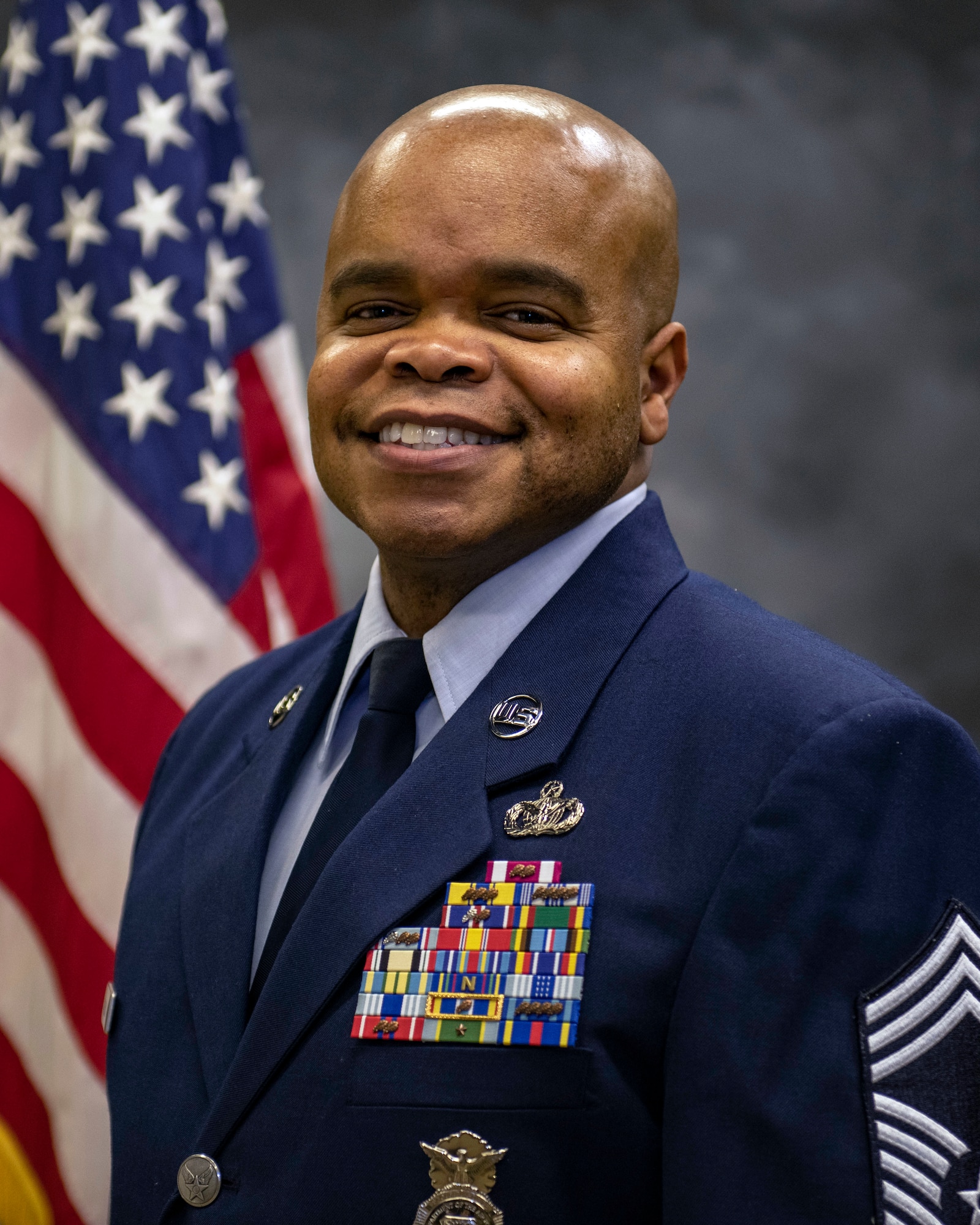 U.S. Air Force Chief Master Cleophus Gallon, 422nd Security Forces Squadron senior enlisted leader, poses for an official photo at Royal Air Force Croughton, England, Jan. 26, 2022. (U.S. Air Force photo by Senior Airman Jason Cochran)