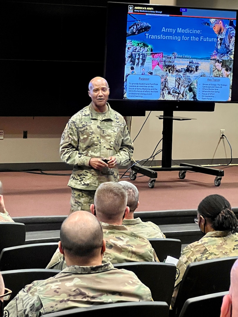 Maj. Gen. Michael J. Talley, deputy commanding general for operations, U.S. Army Medical Command, conducted a leadership professional development session for military medical professionals at the Joint Readiness Training Center and Fort Polk, Louisiana, today.