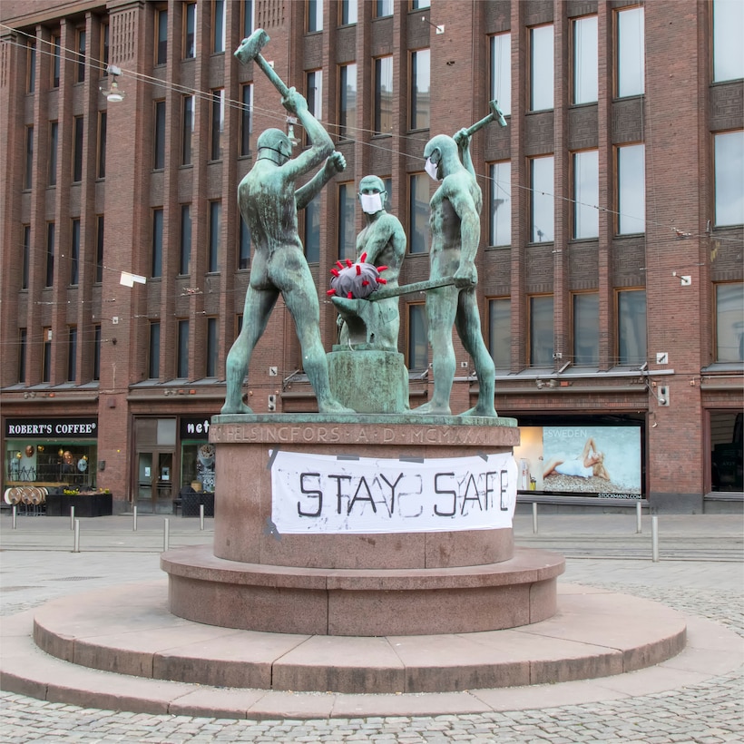 “The masked Three Smiths in an almost deserted Helsinki. Finland is defining social media influencers as ‘critical
operators’, along with medics, to get across the message to stay at home.” (Photo by Aija Lehtonen, Helsinki, Finland,
March 31, 2020. Shutterstock: ID 1689010423)