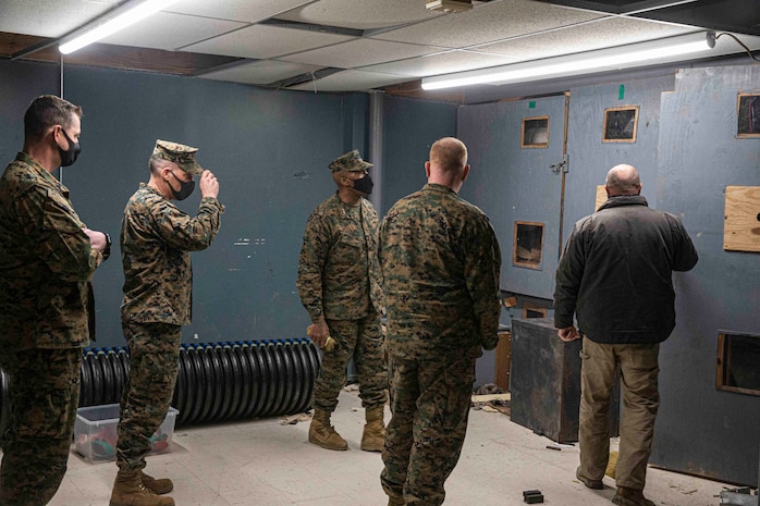 Naval Support Facility Indian Head Annex Stump Neck, Maryland (February 1, 2022) - U.S. Marine Corps Lt. Gen. Michael E. Langley, Commanding General, Fleet Marine Force Atlantic, U.S. Marine Corps Forces Command, Marine Forces Northern Command (MARFOR NORTHCOM) visits Chemical Biological Incident Response Force (CBIRF) aboard Naval Support Facility Indian Head Annex Stump Neck, Md. Lt. Gen. Langley toured the Downey Responder Training Facility to see the expeditious response capabilities of CBIRF Marines and Sailors first hand. (Official U.S. Marine Corps photo by Lance Cpl. Blakely Graham/Released)