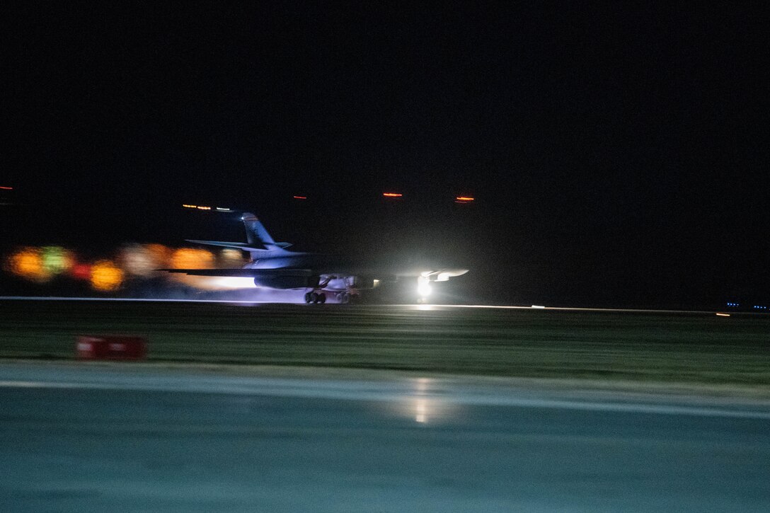 A B-1B Lancer takes off in support of a CONUS-to-CONUS mission at Ellsworth Air Force Base, S.D., Jan. 31, 2022.