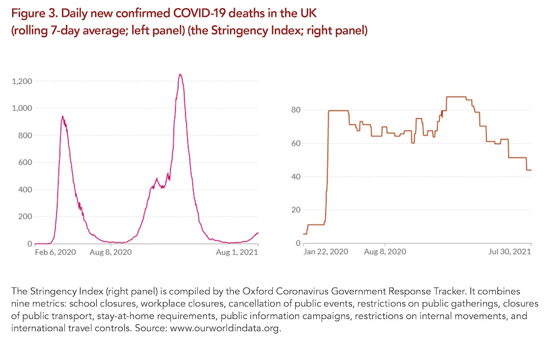 Figure 3. Daily new confirmed COVID-19 deaths in the UK (rolling 7-day average; left panel) (the Stringency Index; right panel)