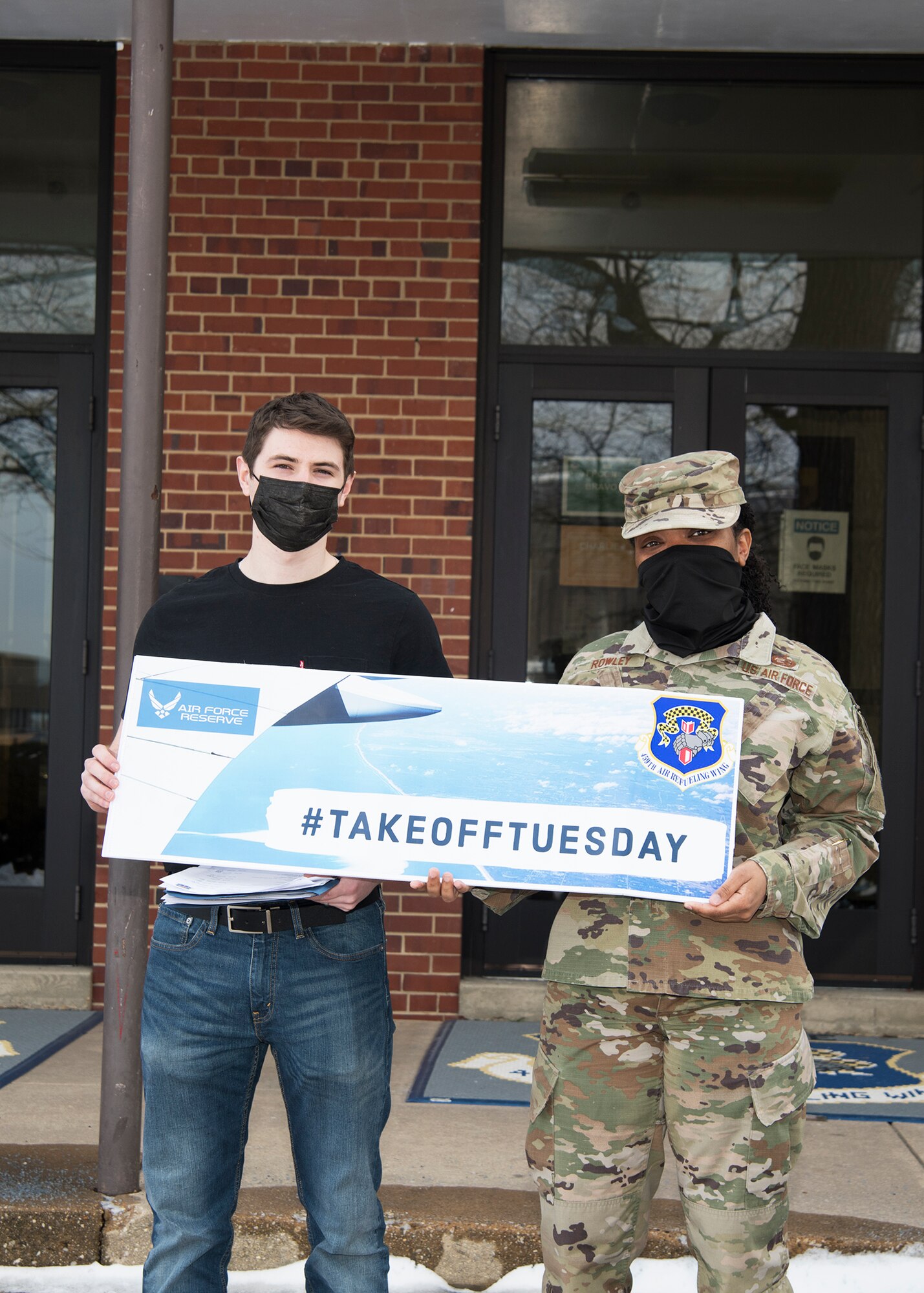 Bradley Darley pose for a photo with Master Sgt. LaShanda Rowley, 459th Force Support Squadron NCOIC of Career Development, prior to leaving for Basic Military Training Feb, 1, 2022 at Joint Base Andrews Md. (U.S. Air Force photo/SSgt Cierra Presentado)