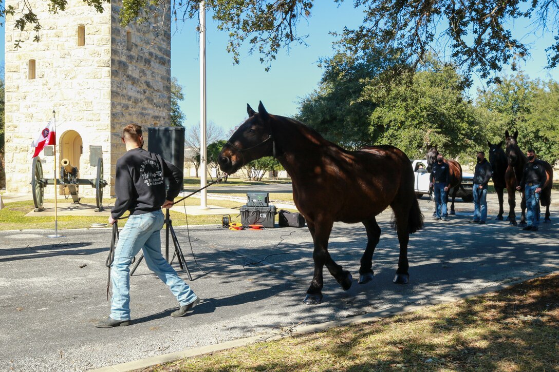 A soldier walks with a horse.