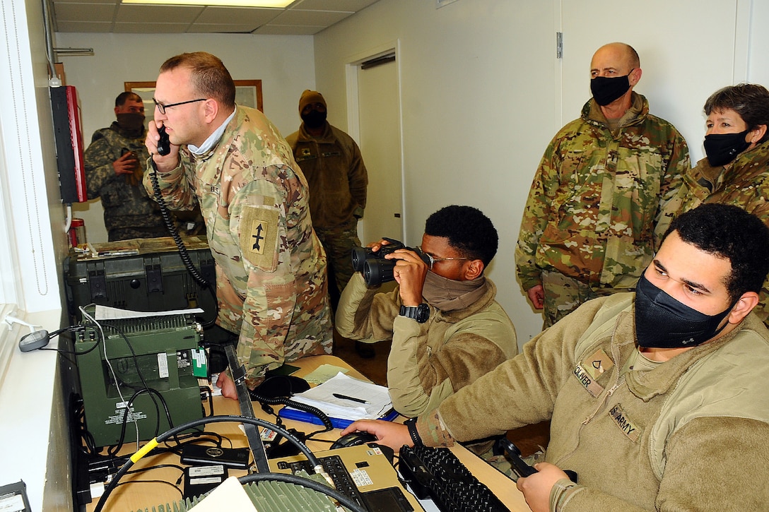 U.S. Army Brig. Gen. Joane Mathews, assistant adjutant general for the Wisconsin Army National Guard, conducts a battlefield circulation with the Fire Support Team, 1st Battalion, 120th Field Artillery Regiment, during Northern Strike 22-1 (“Winter Strike”) at the National All-Domain Warfighting Center in Grayling, Mich., Jan. 27, 2022.