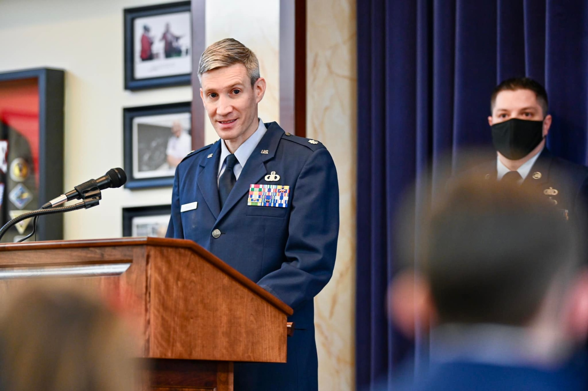 Lt. Col. Andrew Travis, Air Force Life Cycle Management Center Detachment 7’s new commander, speaks during the Detachment 7 change of command ceremony at Hanscom Air Force Base, Mass., Jan. 28. In his previous assignment, Travis served as chief, staff meteorology, in the Aerospace Management Systems Division of the Digital Directorate at Hanscom. (U.S. Air Force photo by Todd Maki)