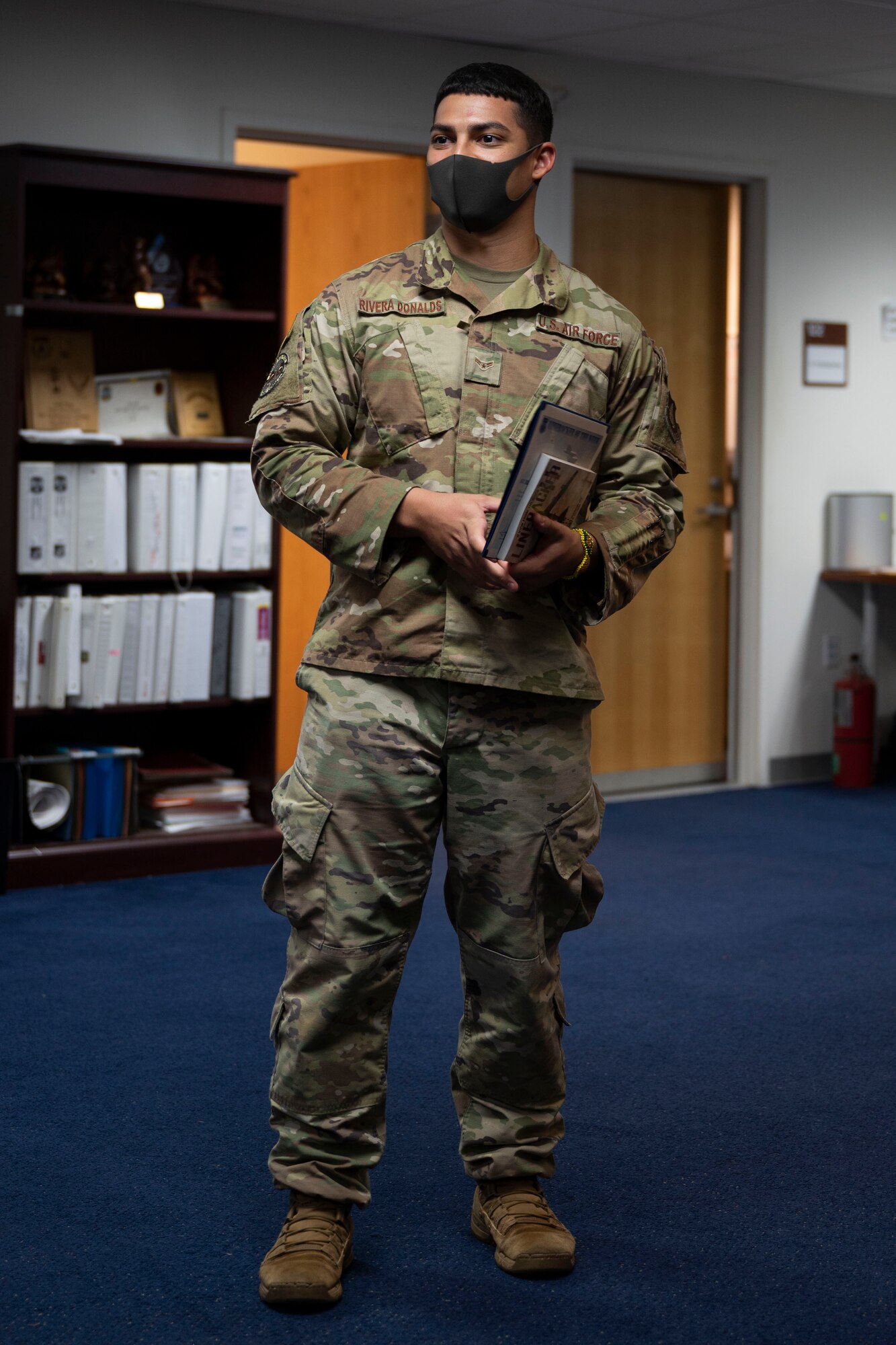 U.S. Air Force Airman 1st Class Brayan Rivera-Donalds, a radio frequency transmission systems technician, addresses the rest of his unit after being presented the Linebacker of the Week award date and place Jan. 26, 2022, at Andersen Air Force Base, Guam.