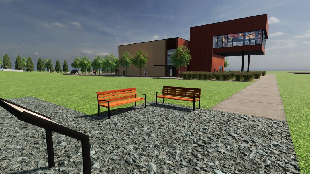 Artist rendering of the new Viewing Platform, which will be located next to the recently constructed K-25 History Center overlooking the footprint of the K-25 Building in Oak Ridge, Tennessee. (Artwork by David Brown)
