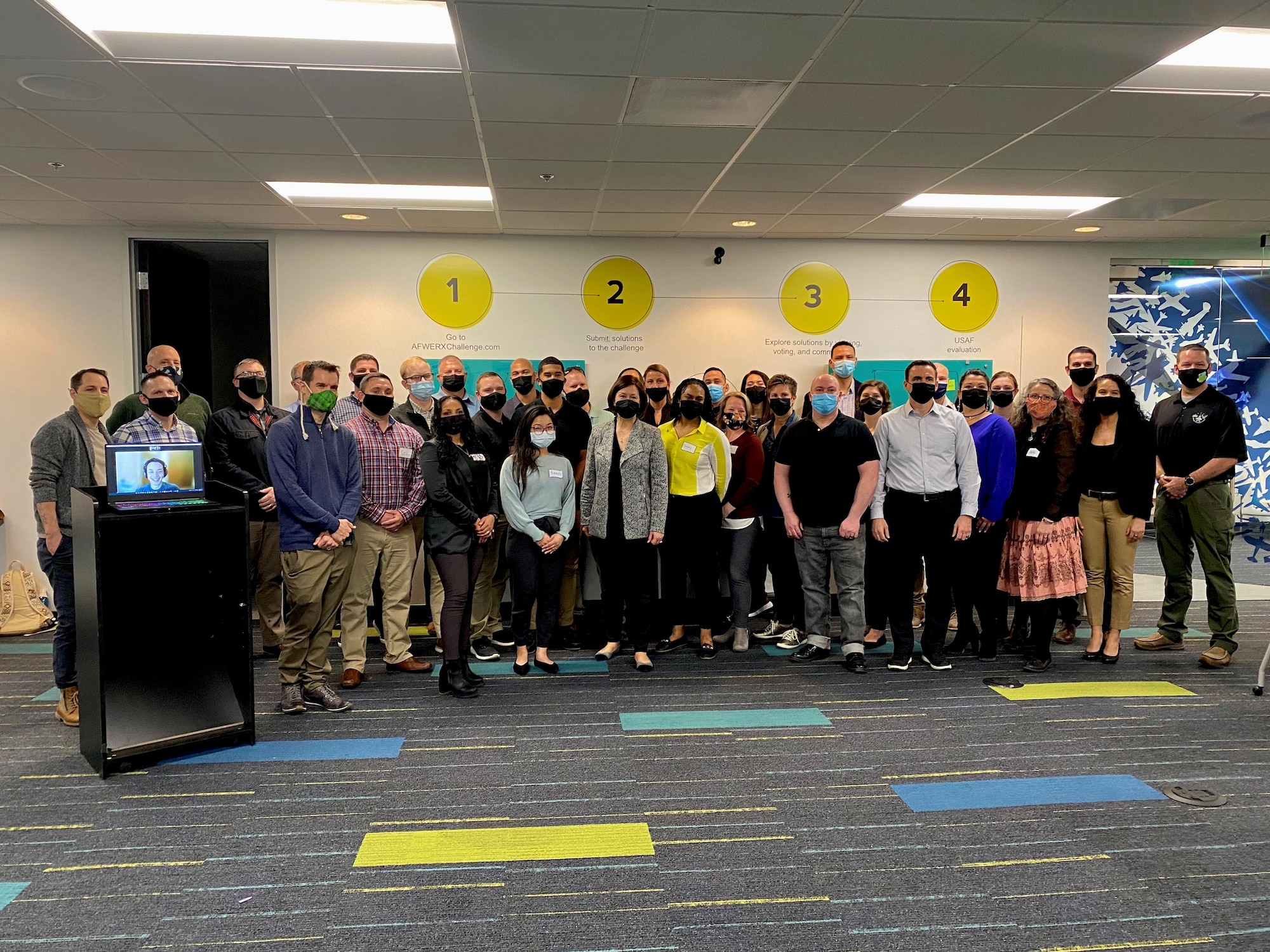 Three Airmen assigned to the 412th Test Wing, out of Edwards Air Force Base, California, recently participated in a design sprint focused on Enlisted Professional Military Education in 2030 at the AFWERX Hub in Las Vegas, Nevada, Jan. 11-13. (Courtesy photo)
