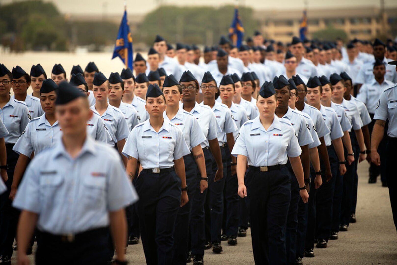 Basic Military Trainees march to their graduation ceremony.