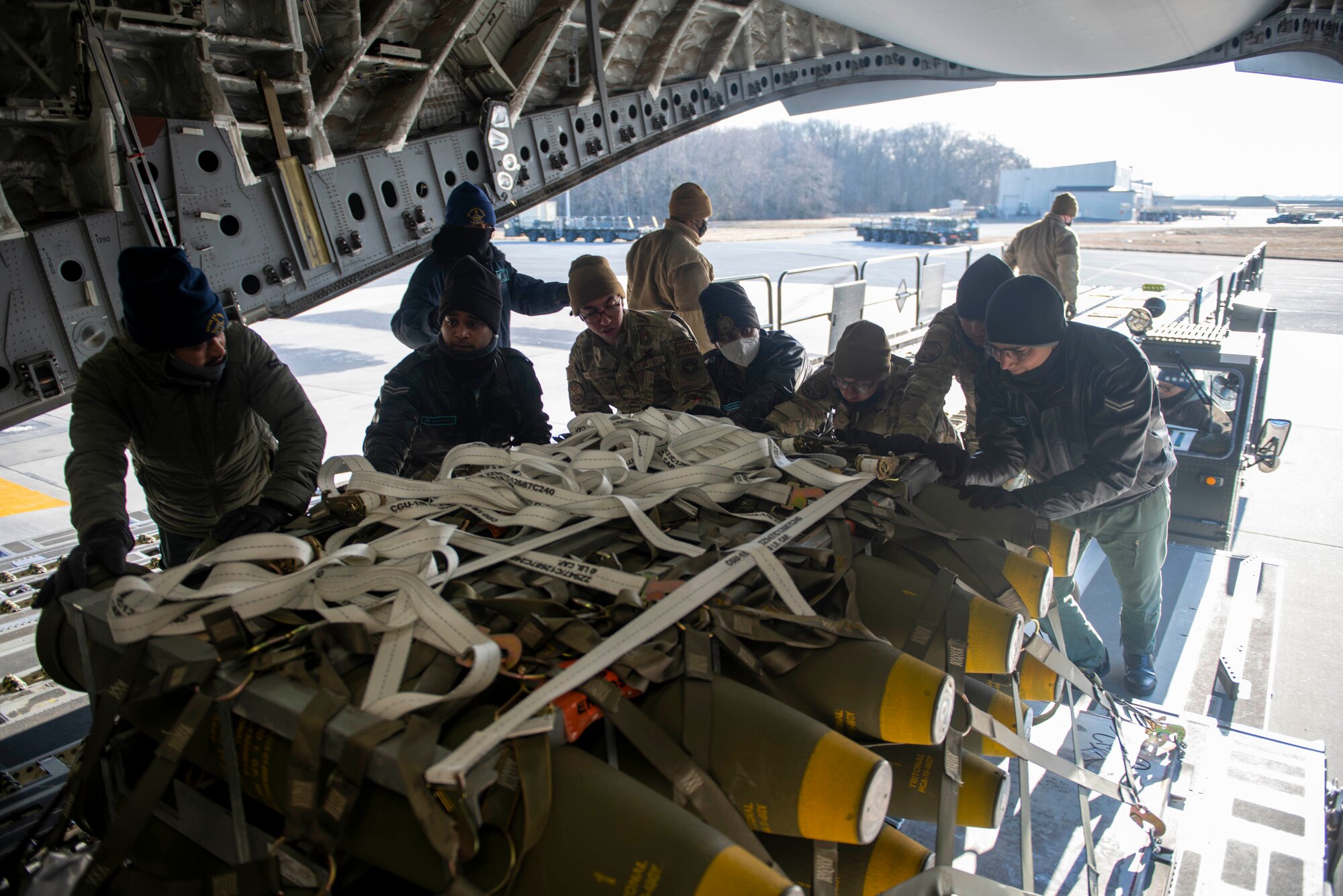Airmen from the 436th Aerial Port Squadron along with members of the Indian Air Force load cargo during a foreign military sales mission at Dover Air Force Base, Delaware, Jan. 22, 2022. The United States and India relationship focus is to continue to build a strategic partnership to promote shared interests in the Indo-Pacific region and beyond.
(U.S. Air Force photo by Tech. Sgt. J.D. Strong II)
(U.S. Air Force photo by Tech. Sgt. J.D. Strong II)