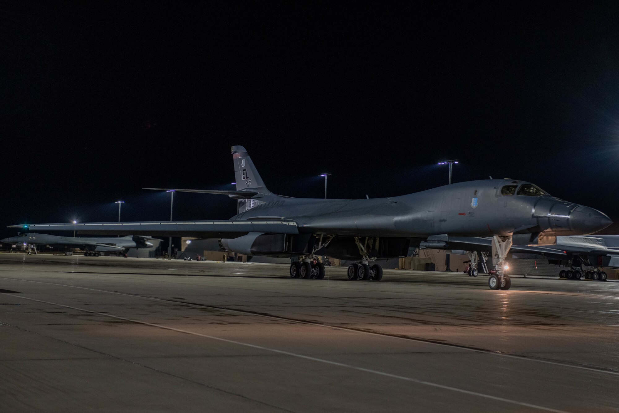 A B-1B Lancer taxis towards the flight line in support of a CONUS-to-CONUS mission at Ellsworth Air Force Base, S.D., Jan. 31, 2022.