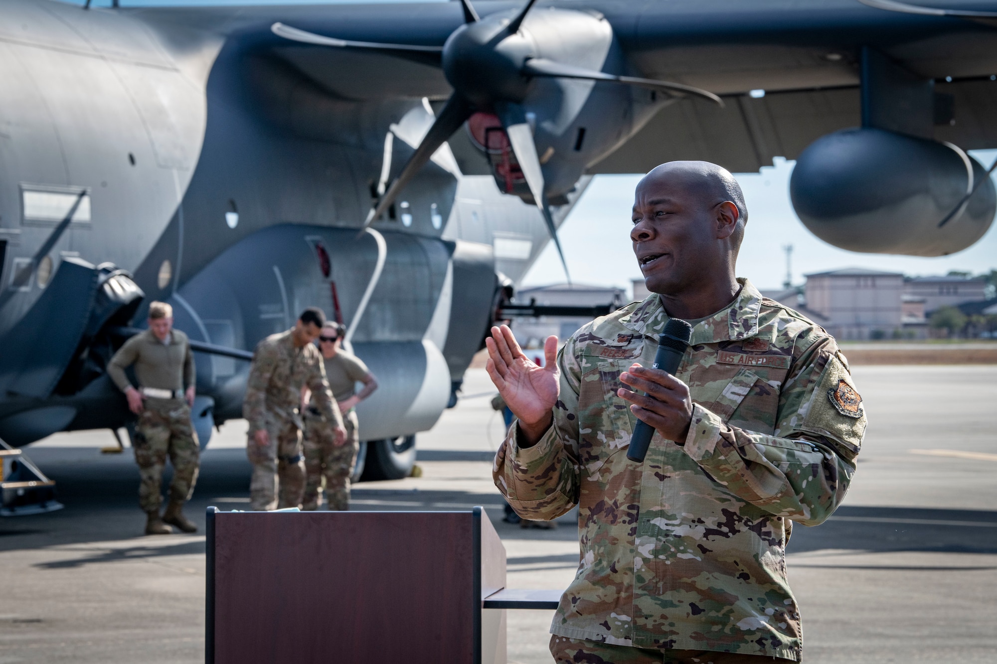 U.S. Air Force Col. Deedrick Reese, 1st Special Operations Maintenance Group commander, gives closing remarks during the 2022 Weapons Load Crew of the Year Competition, Jan. 31, 2022, at Hurlburt Field, Florida.