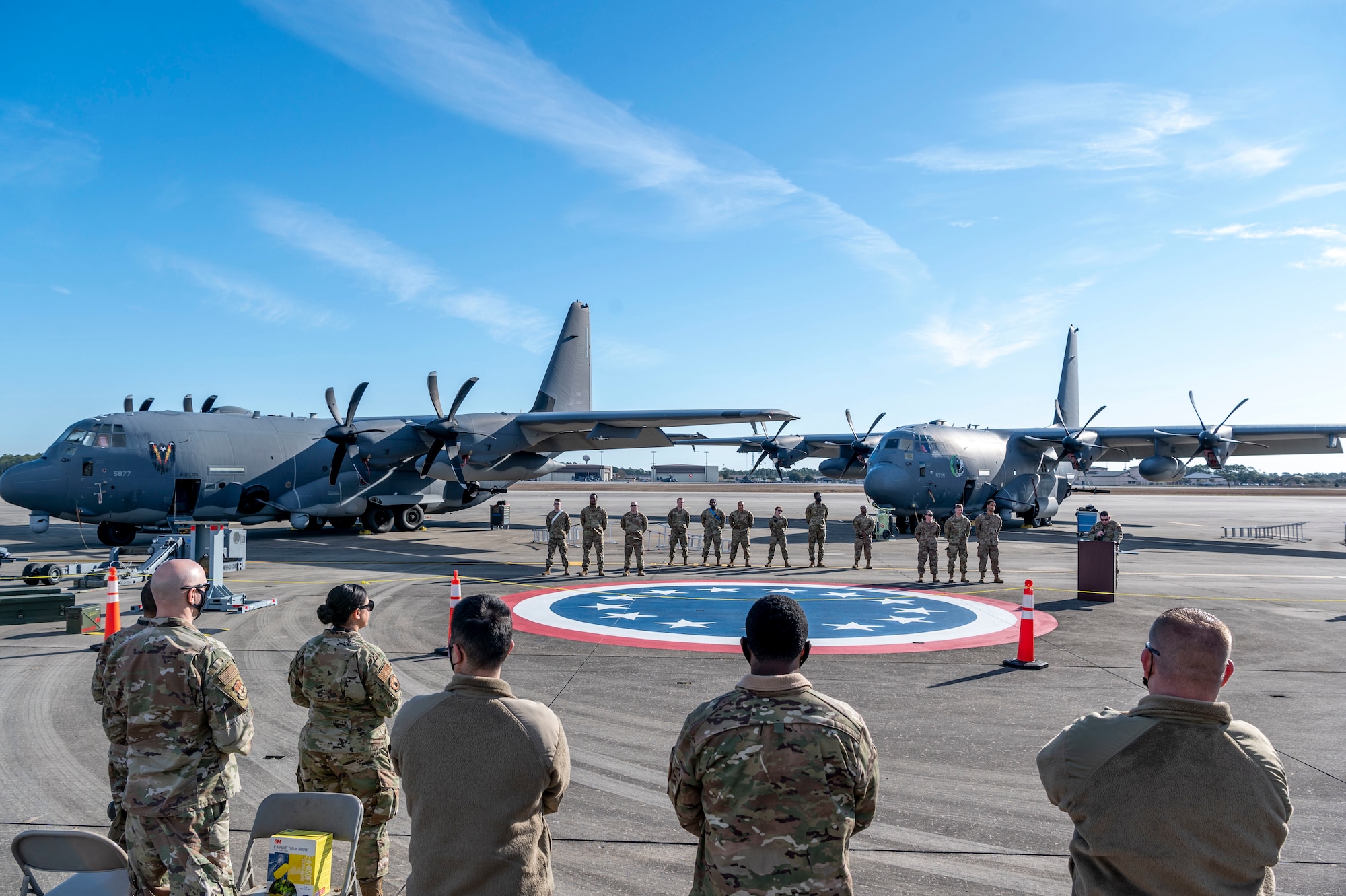 Members of the 1st Special Operations Maintenance Group gather for opening remarks during the 2022 Weapons Load Crew of the Year Competition, Jan. 31, 2022, at Hurlburt Field, Florida.