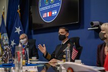 220203-N-KZ419-1034 MANAMA, Bahrain (Feb. 3, 2022) Vice Adm. Brad Cooper commander of U.S. Naval Forces Central Command, U.S. 5th Fleet and Combined Maritime Forces, center, speaks during a conference at U.S. 5th Fleet headquarters in, Bahrain, Feb. 3. Cooper welcomed senior government officials from the United States, Bahrain and Israel for a trilateral meeting on regional maritime security cooperation.