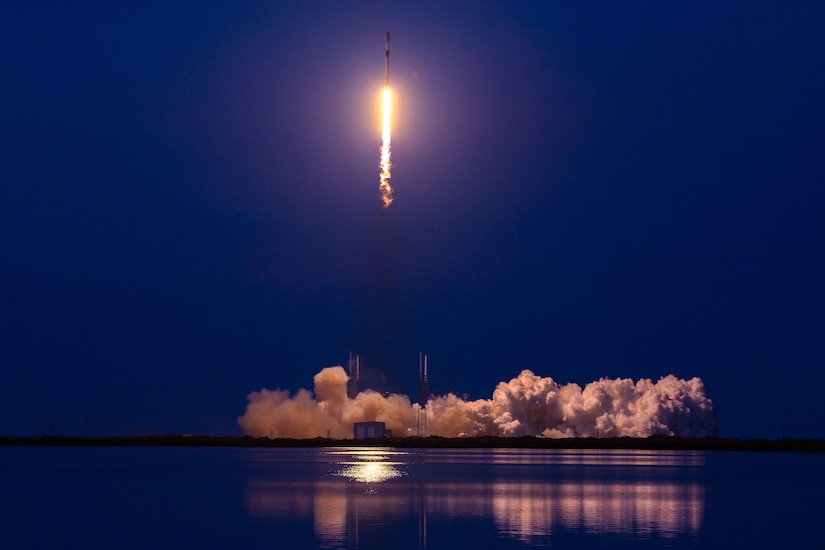 A rocket launches into space.