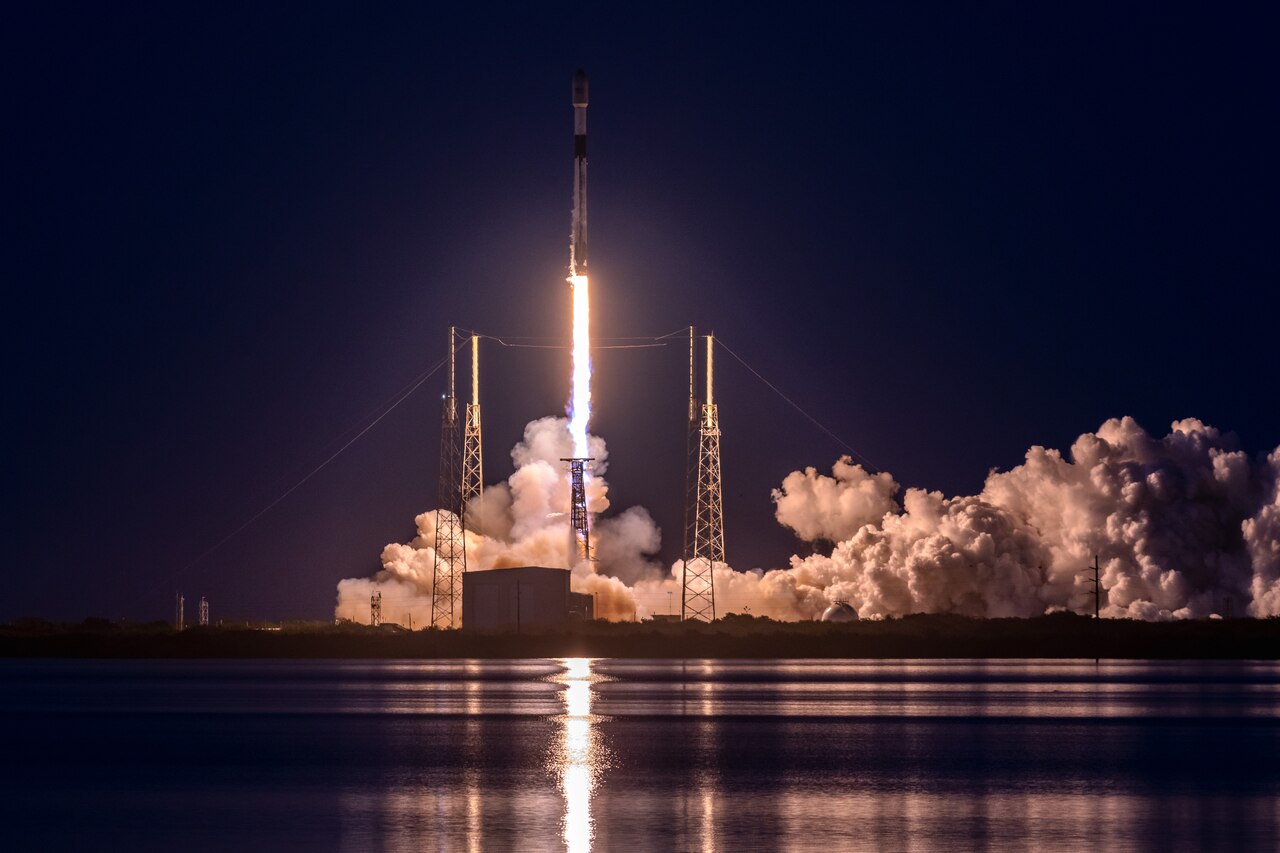 A rocket launches into space.