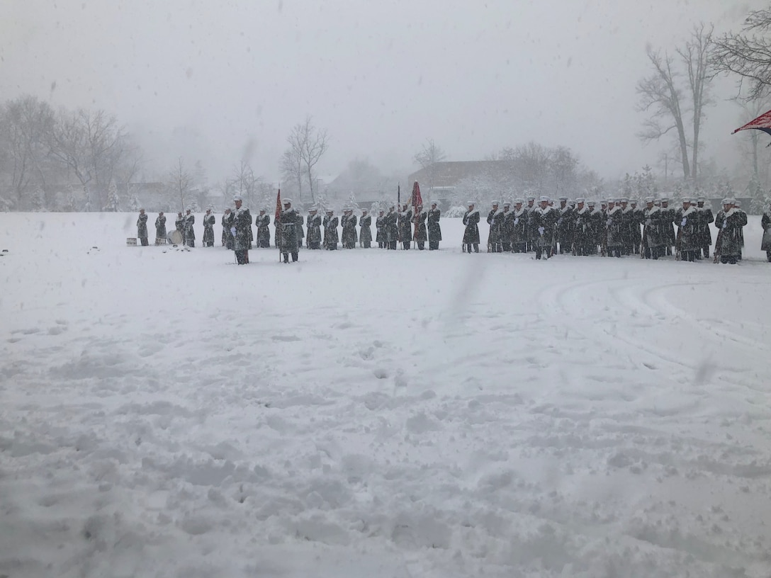 Marines of Marine Barracks Washington 8th & I weathered the snow storm to honor a fallen brother on Monday, 3 January 2022. Retired Colonel Donald C. Morse was laid to rest at Arlington National Cemetery. (Courtesy Image)
