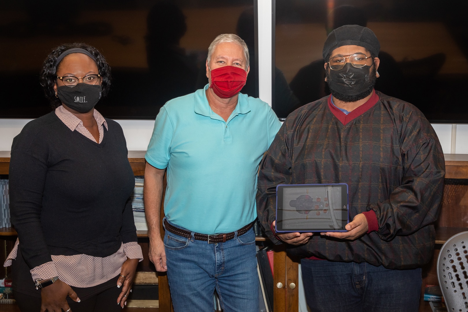 From Left to Right: Carrier Team One Process Master for Project Planning Optimization (PPO) Aisha Washington; NNSY T&I Lab Technology Insertion Manager Dale Berkley; and Insulation and Piping Mechanic and NNSY T&I Lab BILT Lead Kristopher McKenzie.