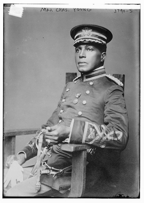 Photograph shows Major Charles Young (1864?-1922)who served in the u.S. Army and was the third African American to graduate from West Point and first to become a colonel. Major Young was awarded the Spingarn Medal in March 1916 for his work in Liberia. (Source: Flickr Commons project, 2013 and 2015)