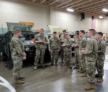 Indiana National Guard 1st Sgt. Michael Felsoci briefs soldiers with 1st Squadron, 152nd Cavalry Regiment in New Albany, Indiana on the expectations of their duties during an inclement weather support mission known as Blizzard Blast, Wednesday, Feb. 2, 2022..