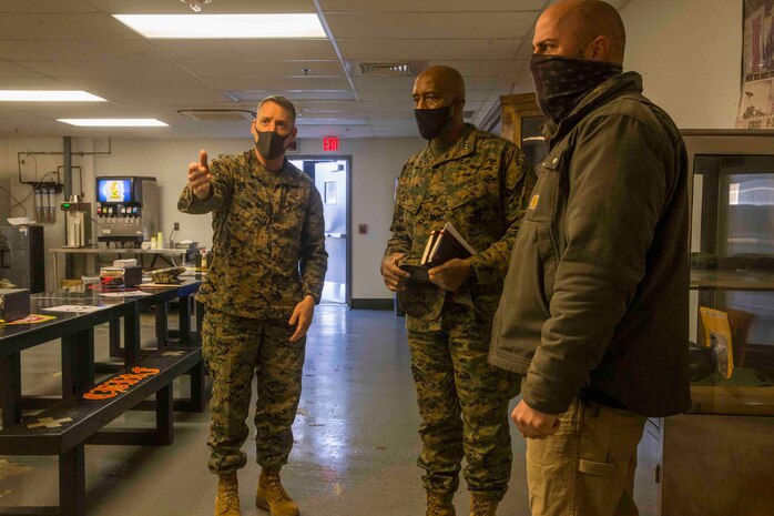 Naval Support Facility Indian Head Annex Stump Neck, Maryland (February 1, 2022) - U.S. Marine Corps Lt. Gen. Michael E. Langley, Commanding General, Fleet Marine Force Atlantic, U.S. Marine Corps Forces Command, Marine Forces Northern Command (MARFOR NORTHCOM) visits Chemical Biological Incident Response Force (CBIRF) aboard Naval Support Facility Indian Head Annex Stump Neck, Md. Lt. Gen. Langley toured the Downey Responder Training Facility to see what capabilities CBIRF has for Marines and Sailors. (Official U.S. Marine Corps photo by Lance Cpl. Blakely Graham/Released)