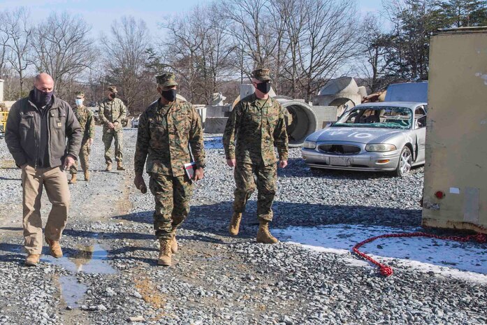 Naval Support Facility Indian Head Annex Stump Neck, Maryland (February 1, 2022) - U.S. Marine Corps Lt. Gen. Michael E. Langley, Commanding General, Fleet Marine Force Atlantic, U.S. Marine Corps Forces Command, Marine Forces Northern Command (MARFOR NORTHCOM) visits Chemical Biological Incident Response Force (CBIRF) aboard Naval Support Facility Indian Head Annex Stump Neck, Md. Lt. Gen. Langley toured the Downey Responder Training Facility to see what capabilities CBIRF has for Marines and Sailors. (Official U.S. Marine Corps photo by Lance Cpl. Blakely Graham/Released)