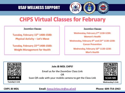 Flyer of CHPS virtual classes for February 2022.