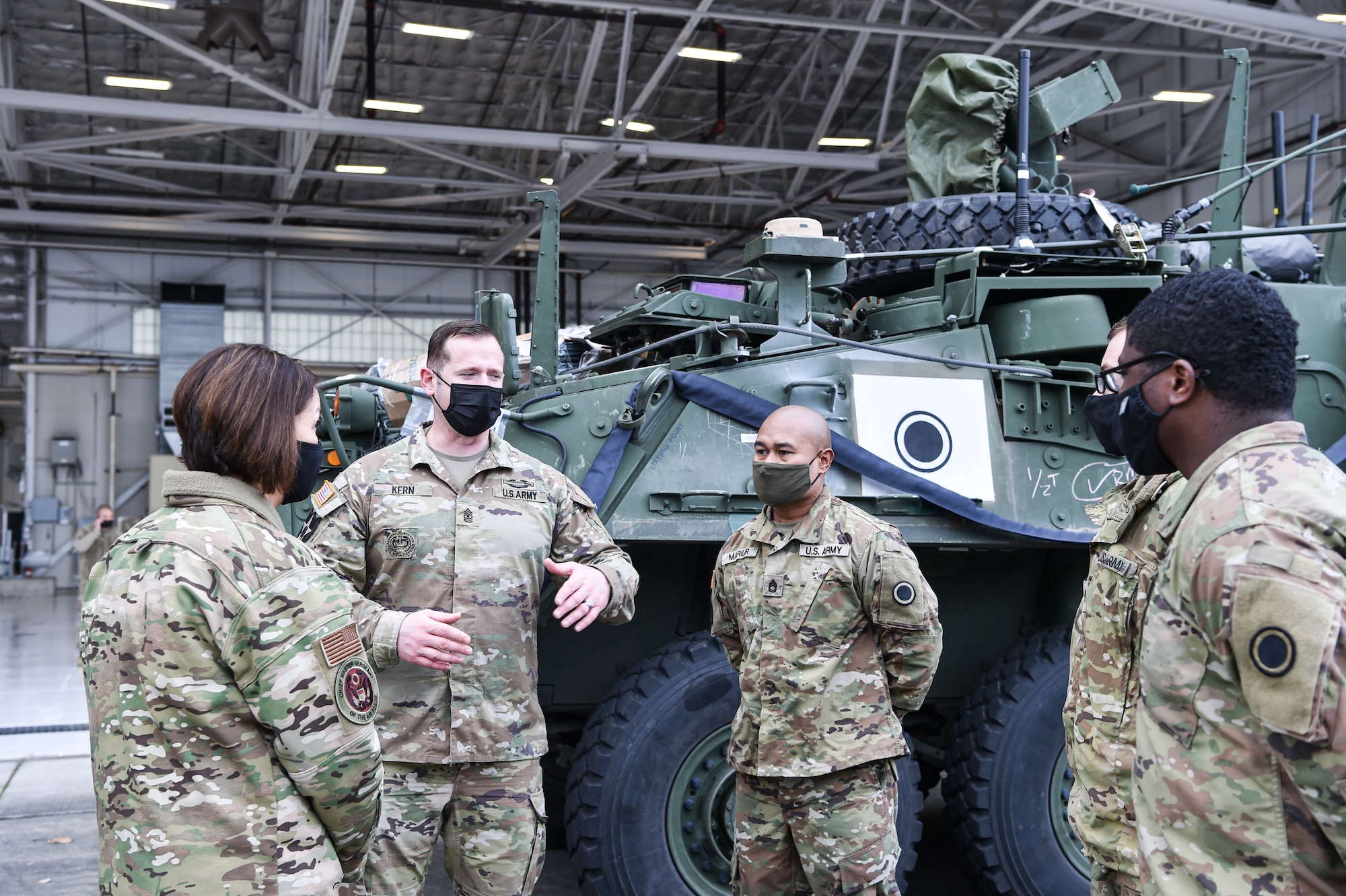 Chief Master Sergeant of the Air Force JoAnne S. Bass engages with Army Soldiers during her visit at Joint Base Lewis-McChord, Washington, Feb. 1, 2022. Bass toured several McChord units and recognized Airmen for excellent performance. (U.S. Air Force photo by Staff Sgt. Tryphena Mayhugh)