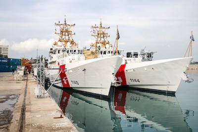 U.S. Coast Guard Cutters Emlen Tunnel (WPC 1145) and Glen Harris (WPC 1144) are moored pierside in Beirut, Lebanon, Jan. 31. Emlen Tunnel and Glen Harris are deployed to the U.S. 5th Fleet area of operations to help ensure maritime security and stability in the Middle East region. (U.S. Army photo by Cpl. DeAndre Dawkins)
