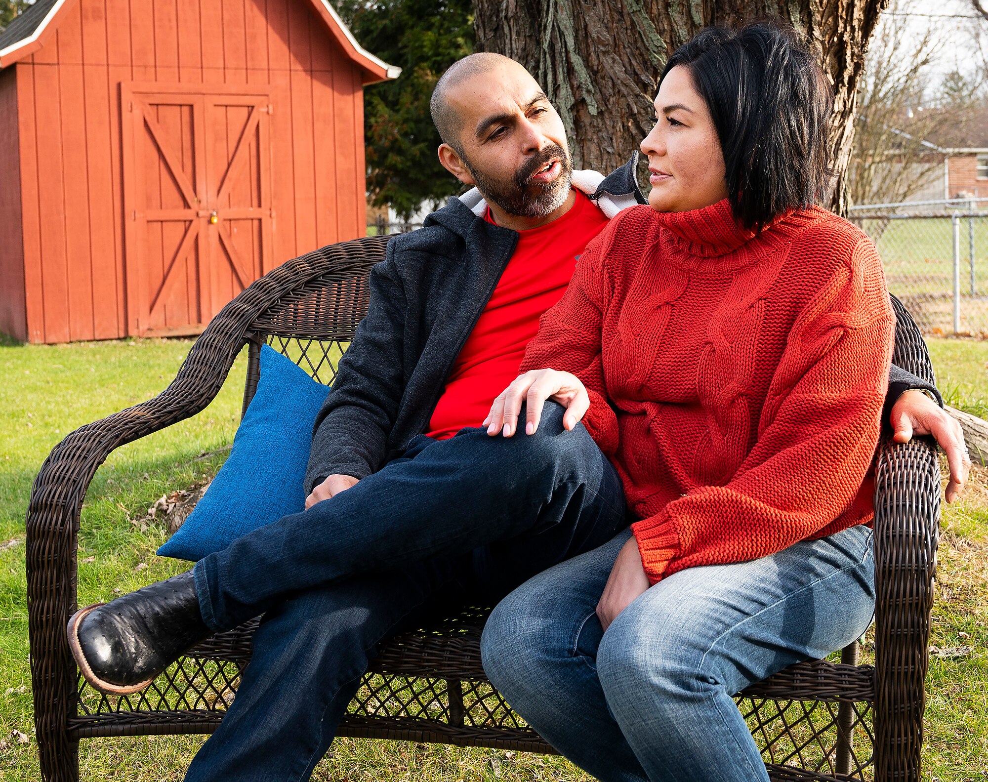 Dahlia and Jerry Garcia chat Dec. 23, 2021, in the backyard of their home in Centerville, Ohio. Dahlia, an Air Force captain and registered nurse, works the night shift at Wright-Patterson Medical Center’s Labor and Delivery Ward, meaning she usually needs to get her sleep during the day. But she gets up midday to spend a couple of hours with Jerry before going back to bed. (U.S. Air Force photo by R.J. Oriez)