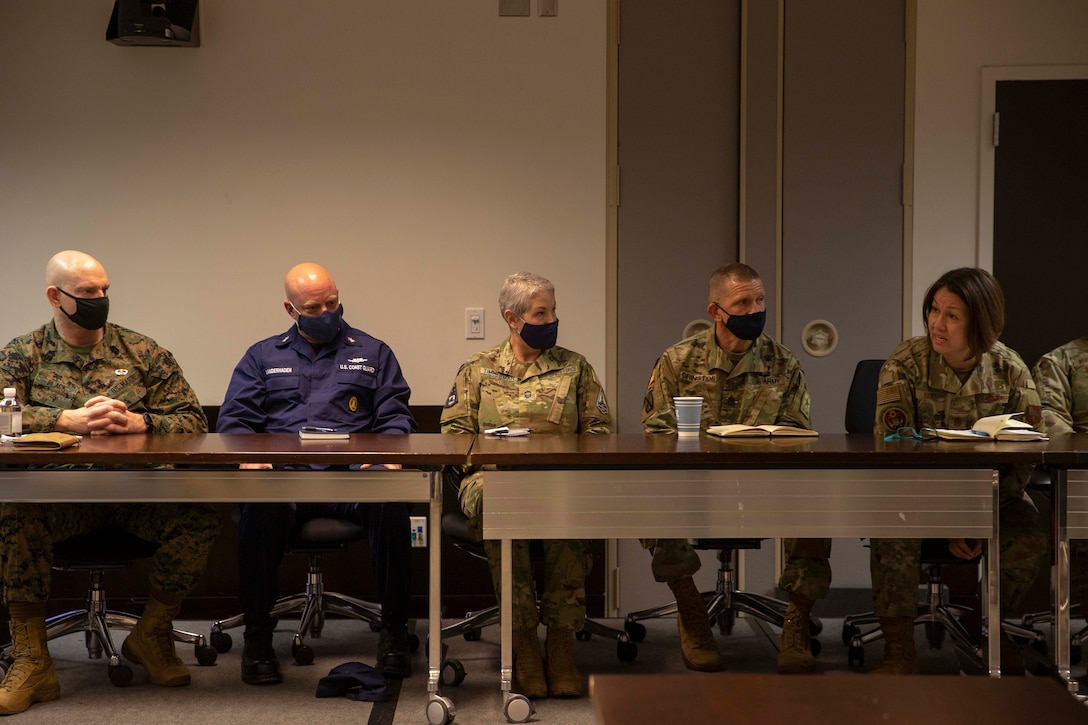 The 19th Sergeant Major of the Marine Corps, Sgt. Maj. Troy E. Black, sits on a Senior Enlisted Advisor (SEA) panel supporting Keystone at the National Defense University at Ft. McNair, District of Columbia, Jan. 4, 2022. The Sergeant Major of the Marine Corps addressed questions with the support of his fellow SEA’s, posed by Keystone students. The Keystone Course will educate Command Senior Enlisted Leaders currently serving in or slated to serve in a general or flag officer level joint headquarters or Service headquarters that could be assigned as a joint task force. (U.S. Marine Corps photo by Sgt. Victoria Ross)