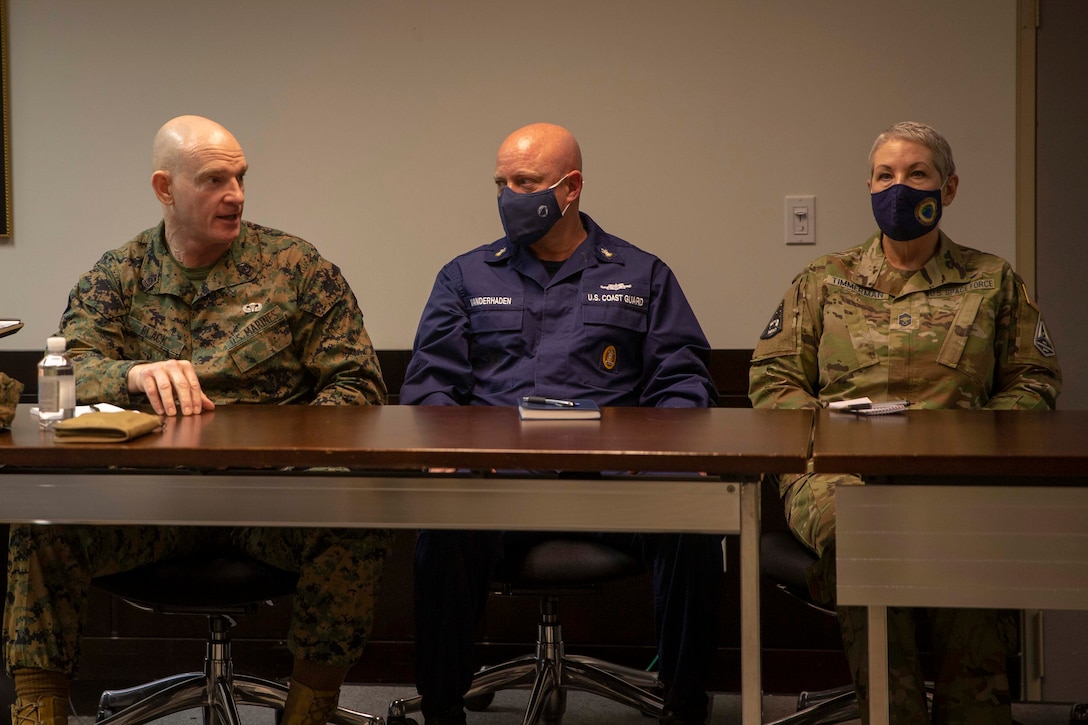 The 19th Sergeant Major of the Marine Corps, Sgt. Maj. Troy E. Black, sits on a Senior Enlisted Advisor (SEA) panel supporting Keystone at the National Defense University at Ft. McNair, District of Columbia, Jan. 4, 2022. The Sergeant Major of the Marine Corps addressed questions with the support of his fellow SEA’s, posed by Keystone students. The Keystone Course will educate Command Senior Enlisted Leaders currently serving in or slated to serve in a general or flag officer level joint headquarters or Service headquarters that could be assigned as a joint task force. (U.S. Marine Corps photo by Sgt. Victoria Ross)