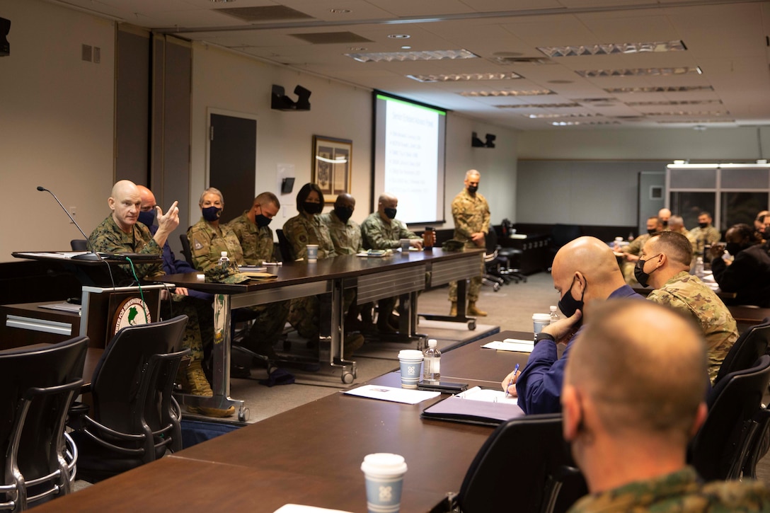 The 19th Sergeant Major of the Marine Corps, Sgt. Maj. Troy E. Black, sits on a Senior Enlisted Advisor (SEA) panel supporting Keystone at the National Defense University at Ft. McNair, District of Columbia, Jan. 4, 2022. The Sergeant Major of the Marine Corps addressed questions with the support of his fellow SEA’s, posed by Keystone students. The Keystone Course will educate Command Senior Enlisted Leaders currently serving in or slated to serve in a general or flag officer level joint headquarters or Service headquarters that could be assigned as a joint task force. (U.S. Marine Corps photo by Sgt. Victoria Ross)