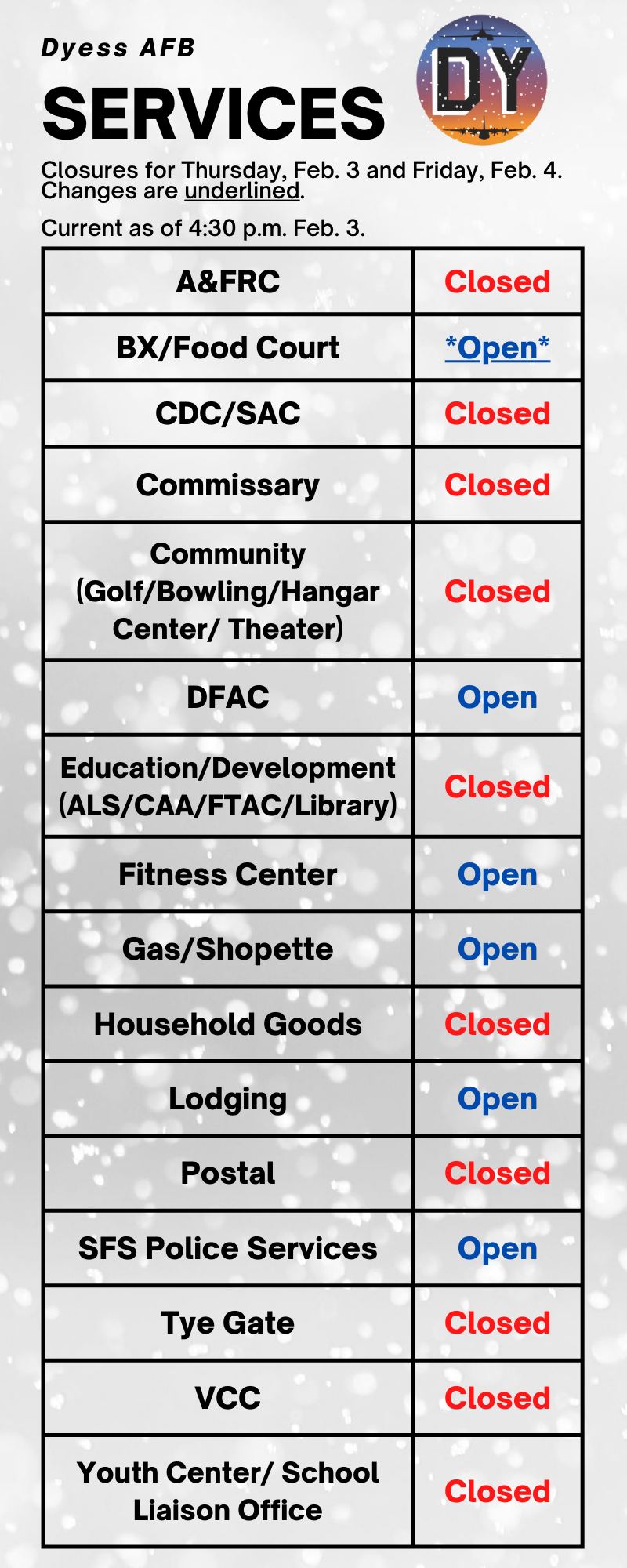 Base Services Availability During Inclement Weather > Dyess Air Force