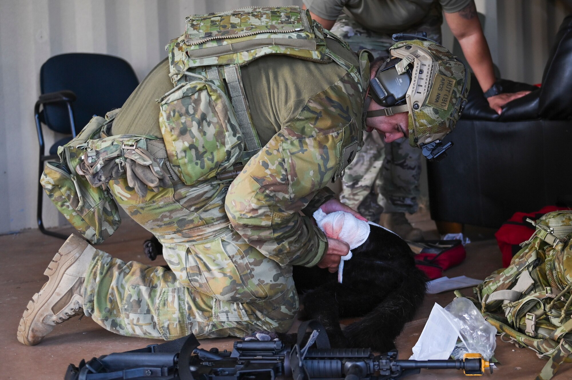 A person wrapping a fake dogs injured leg