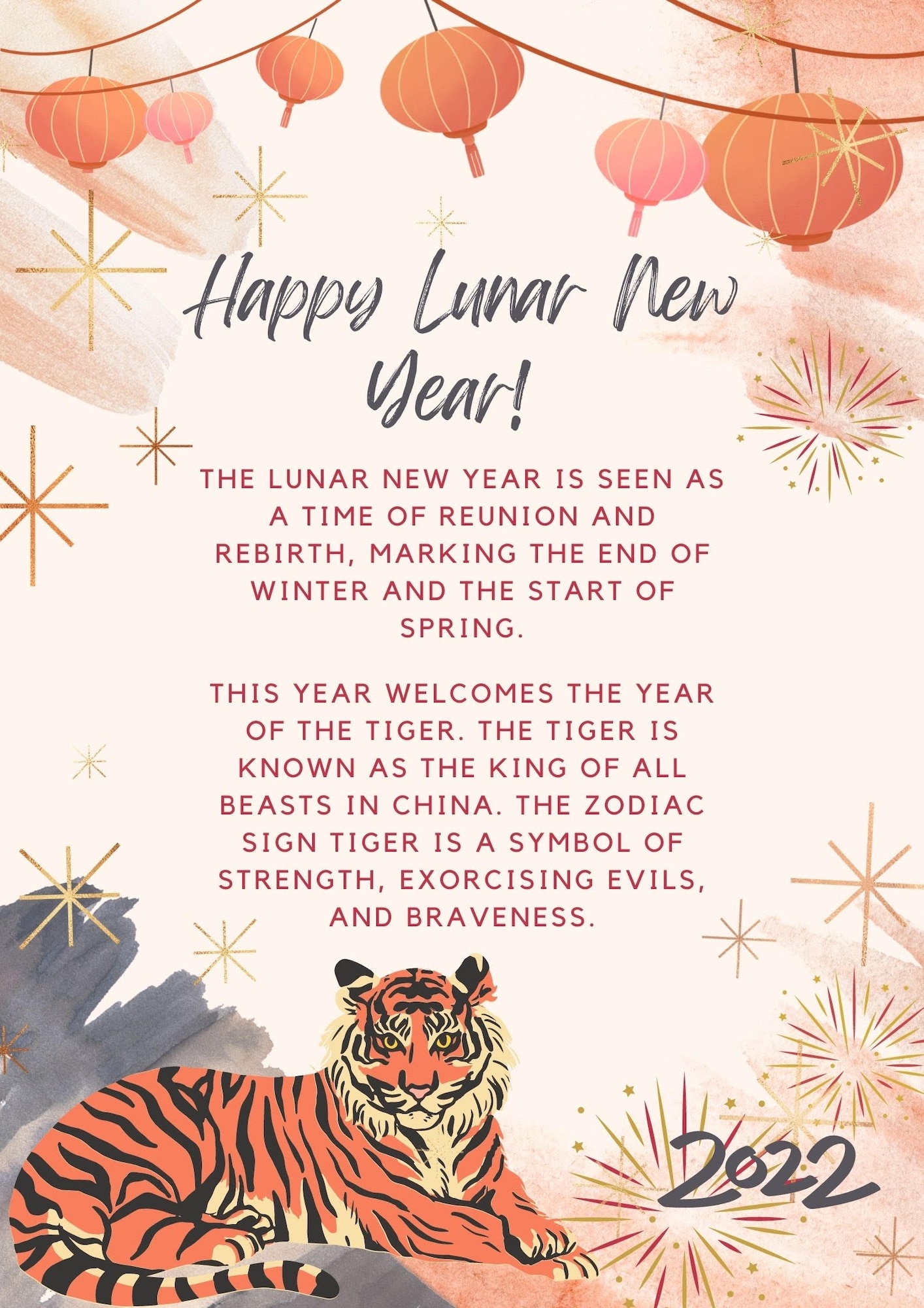 The Lunar New Year is seen as a time of reunion and rebirth, marking the end of winter and the start of spring.