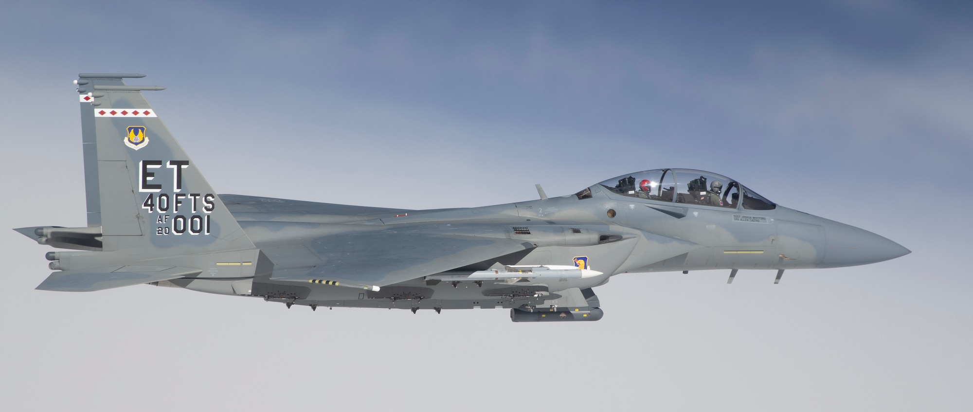 The 40th Flight Test Squadron’s Majors Benjamin Naumann and Mark Smith fly the F-15EX Eagle II preparing to fire an AIM-120D missile during a Weapons System Evaluation Program mission near Tyndall Air Force Base, Fla, Jan. 25, 2022. This was the first live fire performed from the Air Force’s newest aircraft. (U.S. Air Force photo by Tech. Sgt. John Raven)