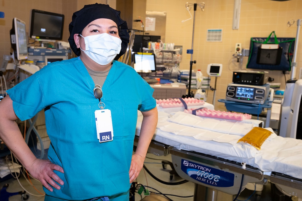 Capt. Dahlia Garcia, 88th Inpatient Operations Squadron charge nurse, is pictured Jan. 5, 2022, in one of the operating rooms at Wright-Patterson Medical Center’s Labor and Delivery Ward. (U.S. Air Force photo by R.J. Oriez)