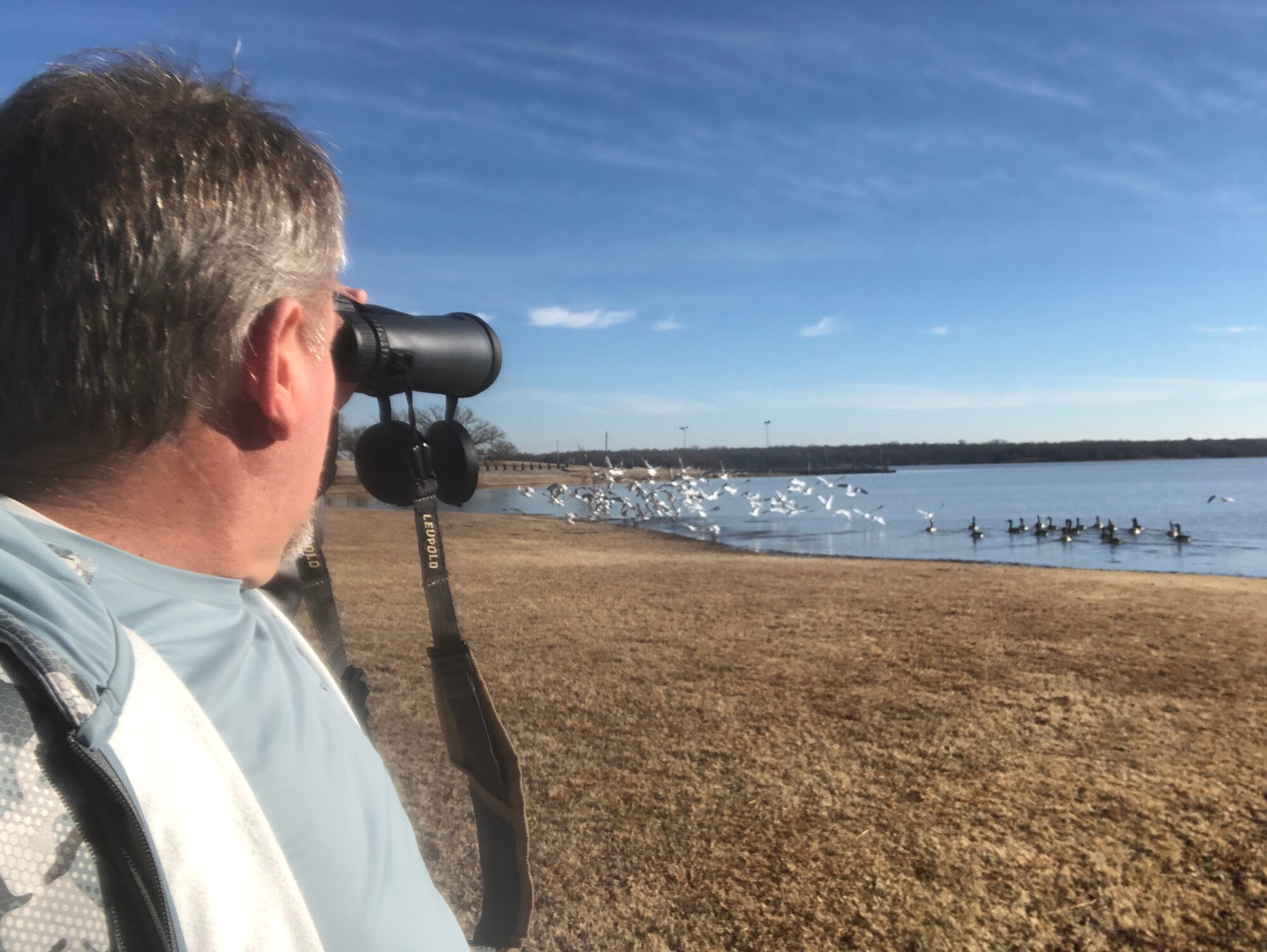 man looking at birds with binoculars