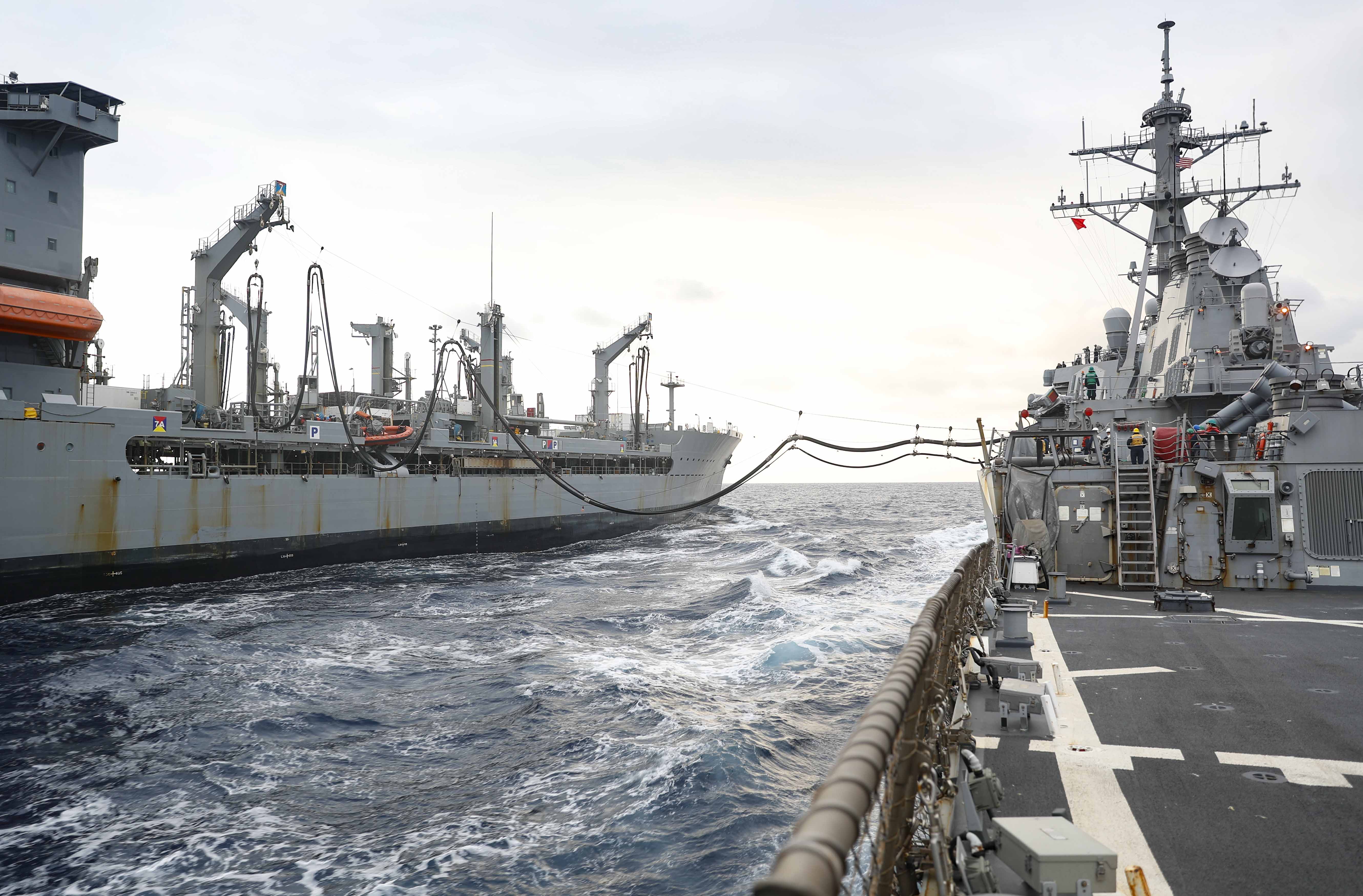 The Arleigh Burke-class guided-missile destroyer USS Fitzgerald (DDG 62) receives fuel during a replenishment-at-sea with the Military Sealift Command Henry J. Kaiser-class underway replenishment oiler USNS Yukon (T-AO-202).