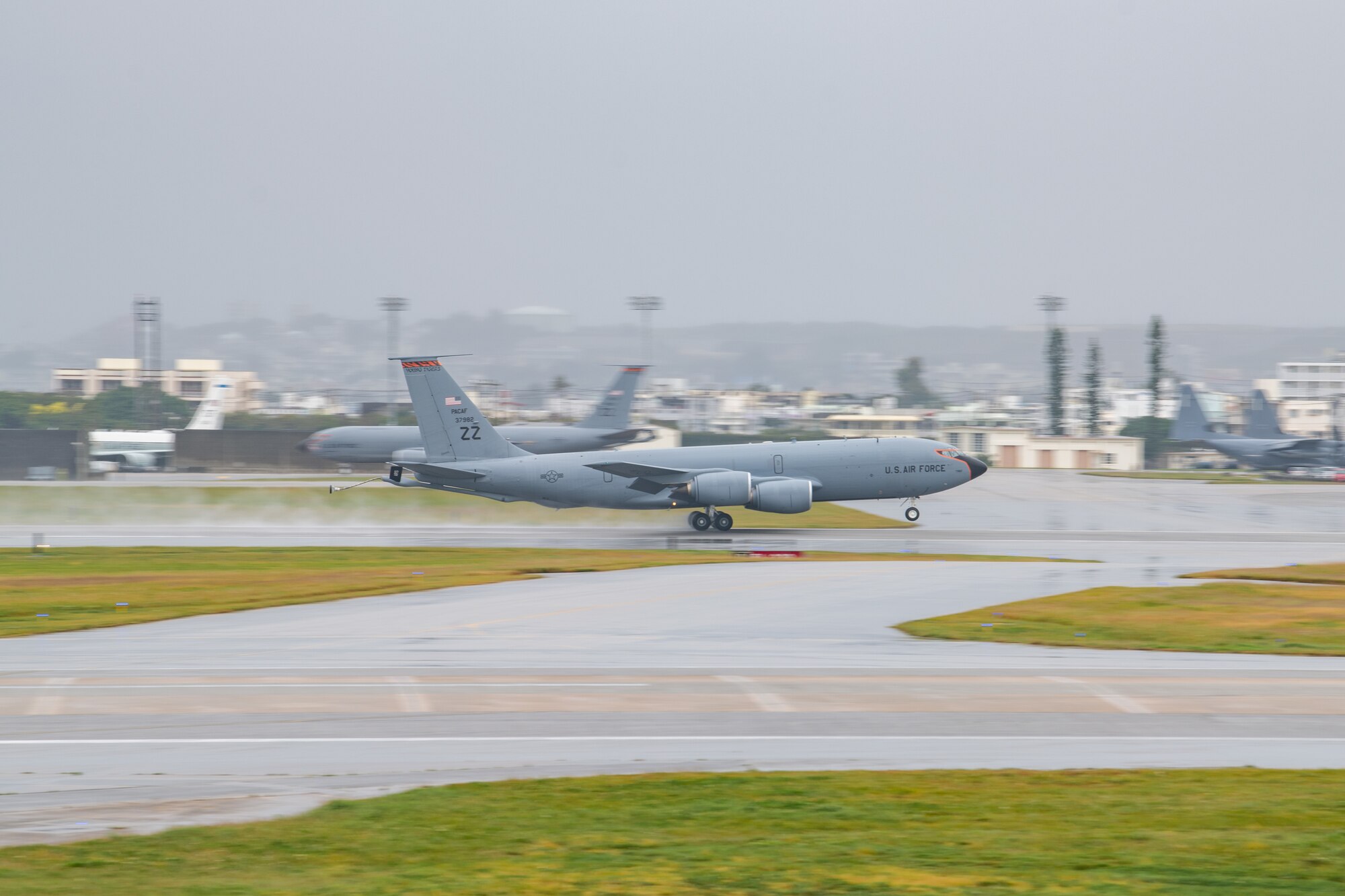 A refueling plane takes off