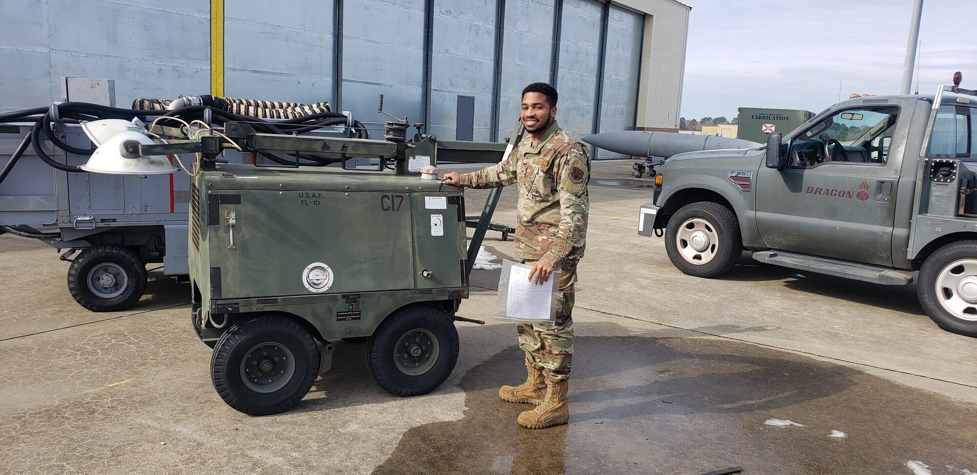 U.S. Air Force Staff Sgt. Rashard Rock, aerospace ground equipment craftsman, 125th Maintenance Squadron, pictured in January 2022 while supporting Operation NOBLE EAGLE. ONE is an aerospace control and air defense mission to guard against potential adversaries in or around military installations, airports and other potential targets such as bridges, power plants, and port facilities. (Courtesy photo)