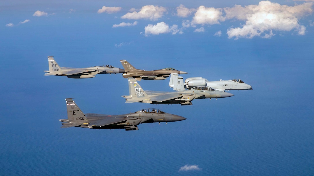 A formation of 4th generation fighter jets from the 40th Flight Test Squadron flies near Eglin Air Force Base, Fla.