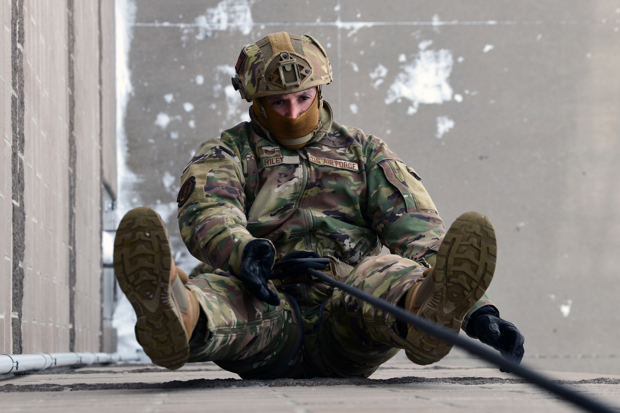 Tech. Sgt. Mark Riley, combat response force member, 341st Missile Security Operation Squadron, participates in a rappelling exercise