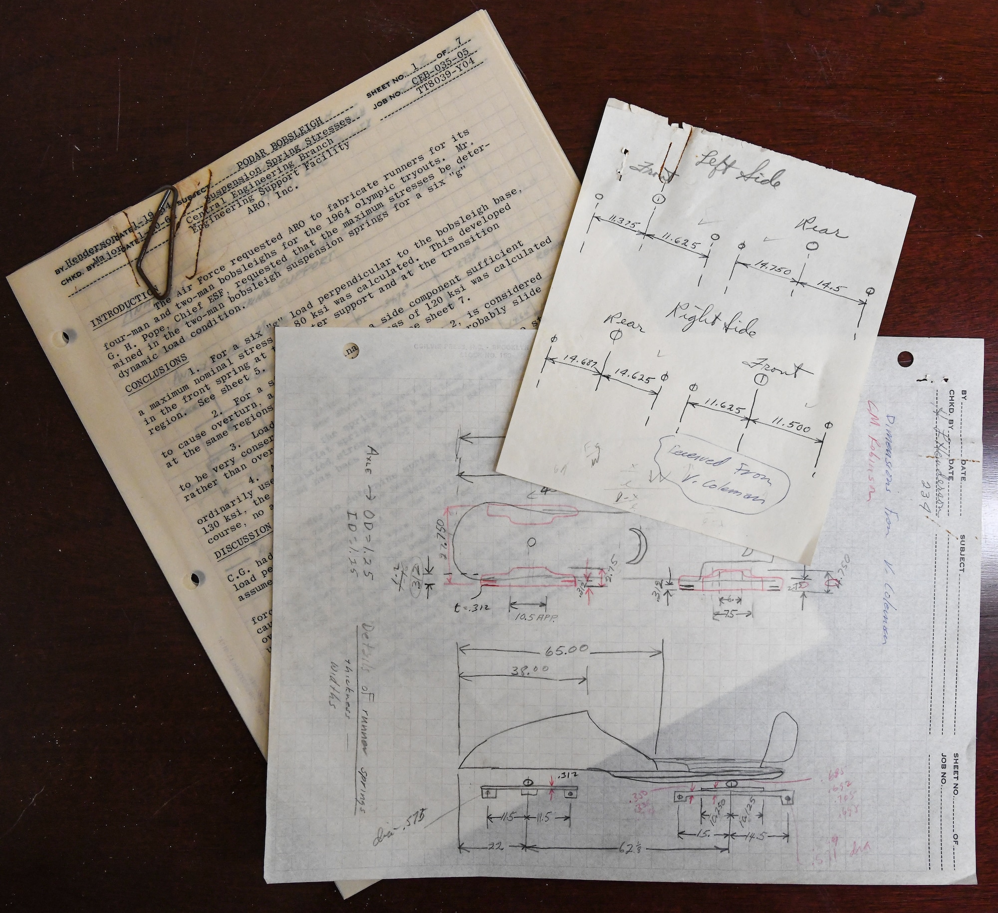 Documents from the early 1960s show Arnold Engineering Development Complex, then Center, provided engineering analysis and materials testing to support the U.S. Air Force bobsled team as they vied for a spot in the 1964 Winter Olympics. AEDC was asked to fabricate runners, the skate-like blades on which bobsleds slide, for the Air Force’s two-man and four-man bobsleds, prompting the AEDC examination of the equipment. (U.S. Air Force photo by Jill Pickett)
