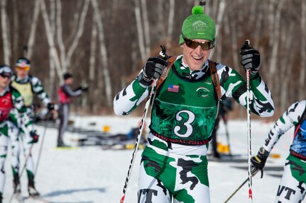 Vermont Army National Guard Spc. Wynn Roberts, competes in the patrol race at Camp Ripley, Minn., on Feb. 27, 2013. Over 400 members of the army and Air National Guard across 31 states competed in and supported this year's Chief National Guard Biathlon. (Air National Guard photo by Senior Airman Jeremy Bowcock/Released)